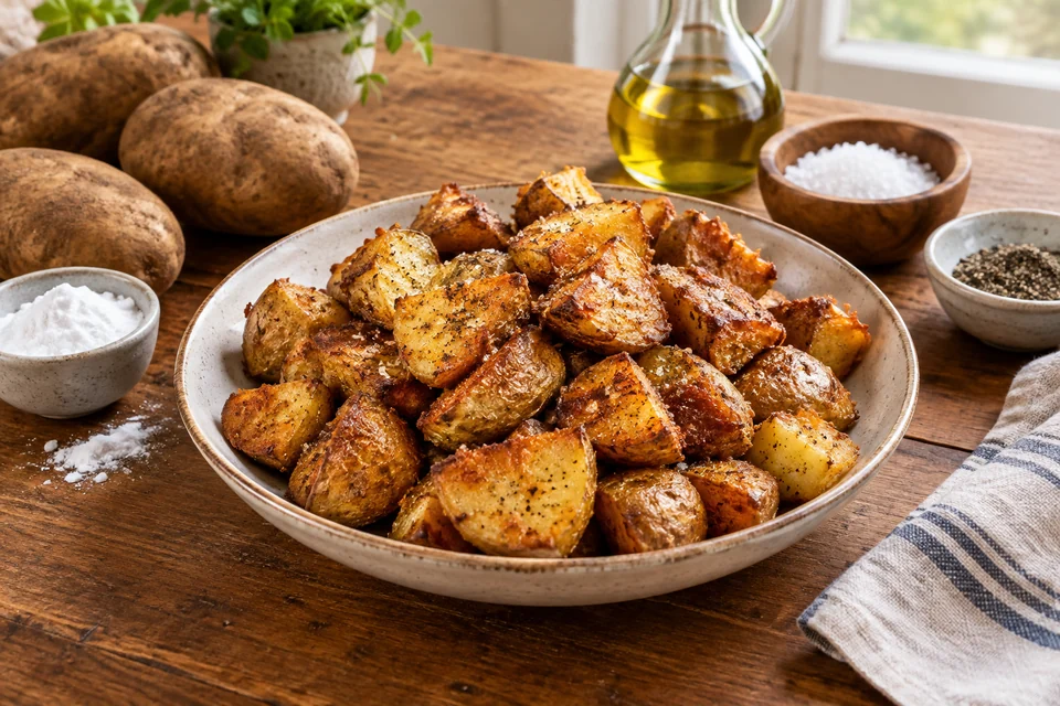 Golden brown roasted potato chunks with crisp, rough edges