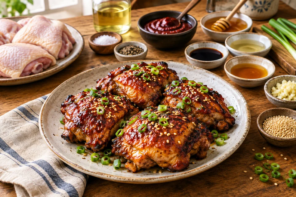 Glossy gochujang-glazed chicken thighs topped with sliced scallions and sesame seeds