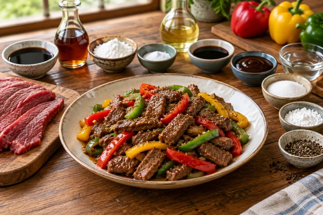 Finished Black Pepper Beef and Peppers ready to serve