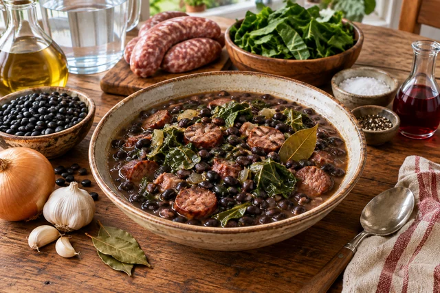 Black bean stew with pieces of pork sausage and sliced collard greens in a thick broth