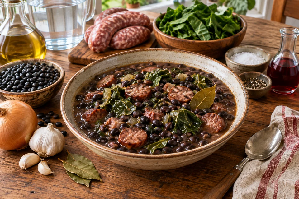 Black bean stew with pieces of pork sausage and sliced collard greens in a thick broth