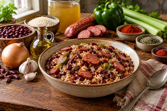 Thick red beans with sliced andouille sausage spooned over long-grain white rice.