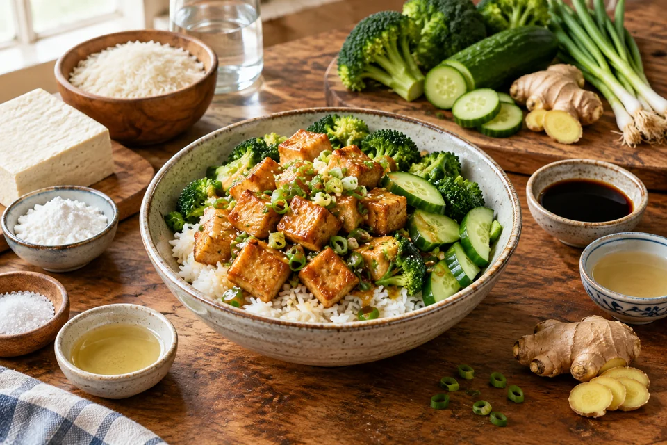 Crisp golden tofu with rice, broccoli, cucumber, and ginger scallion sauce.