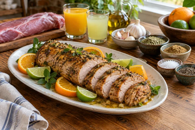 Sliced citrus-marinated pork tenderloin with visible garlic and herbs