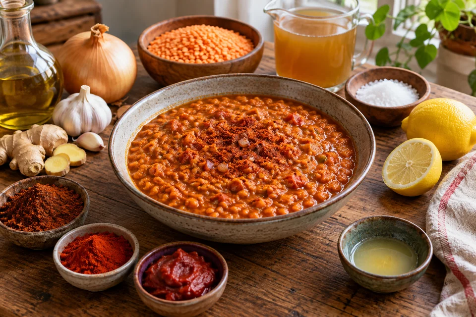 Thick Ethiopian red lentil stew with tender lentils and softened onion pieces