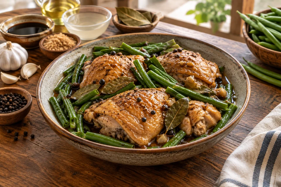 Chicken thighs and green beans coated in reduced adobo sauce with garlic and bay leaves.