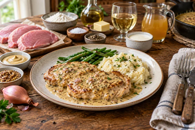 Browned pork cutlets coated in creamy mustard sauce with pieces of shallot.