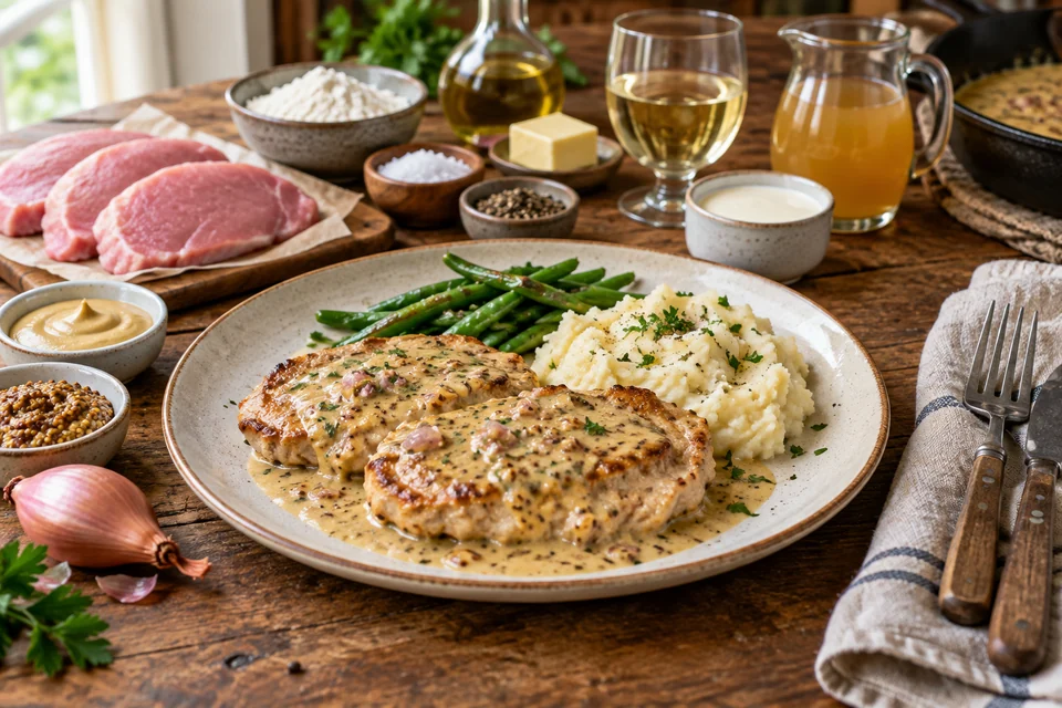 Browned pork cutlets coated in creamy mustard sauce with pieces of shallot.