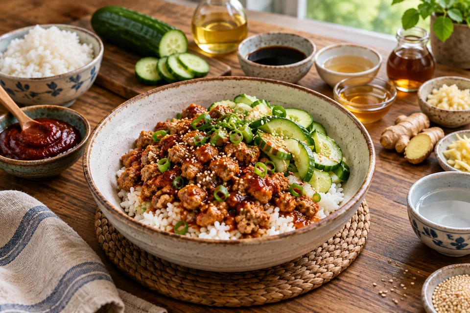 Rice bowls topped with glossy gochujang turkey, sliced cucumber, scallions, and sesame seeds