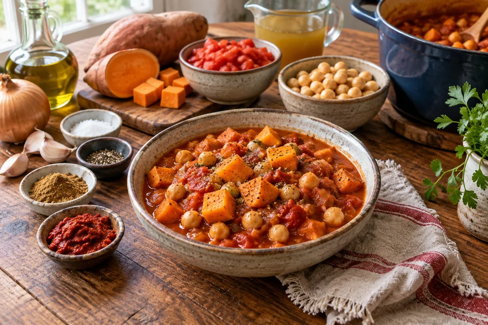 Harissa chickpea stew with sweet potato cubes, kale, tomatoes, and cilantro