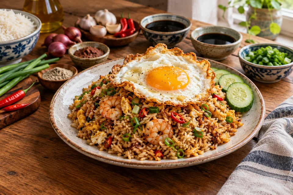 Dark savory fried rice with sliced scallions and a crisp-edged fried egg
