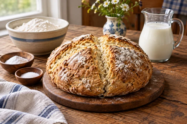 Round Irish soda bread loaf with a deep cross-cut crust and sliced tender interior