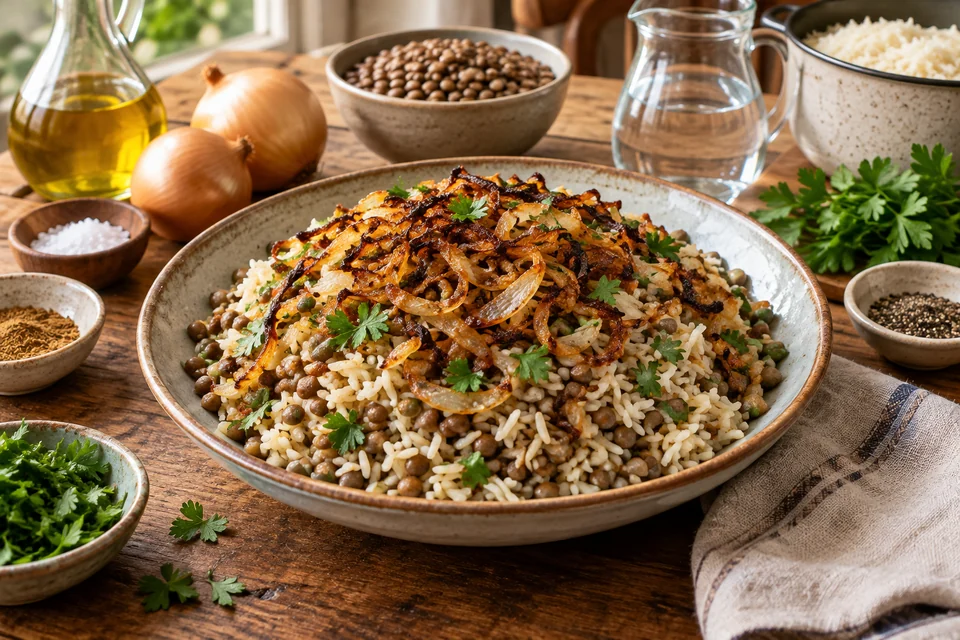Lentils and rice topped with deeply browned onions and chopped parsley