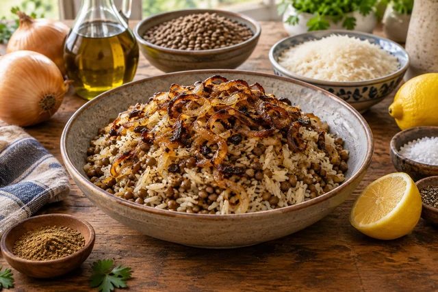 Lentils and rice topped with deeply browned sliced onions