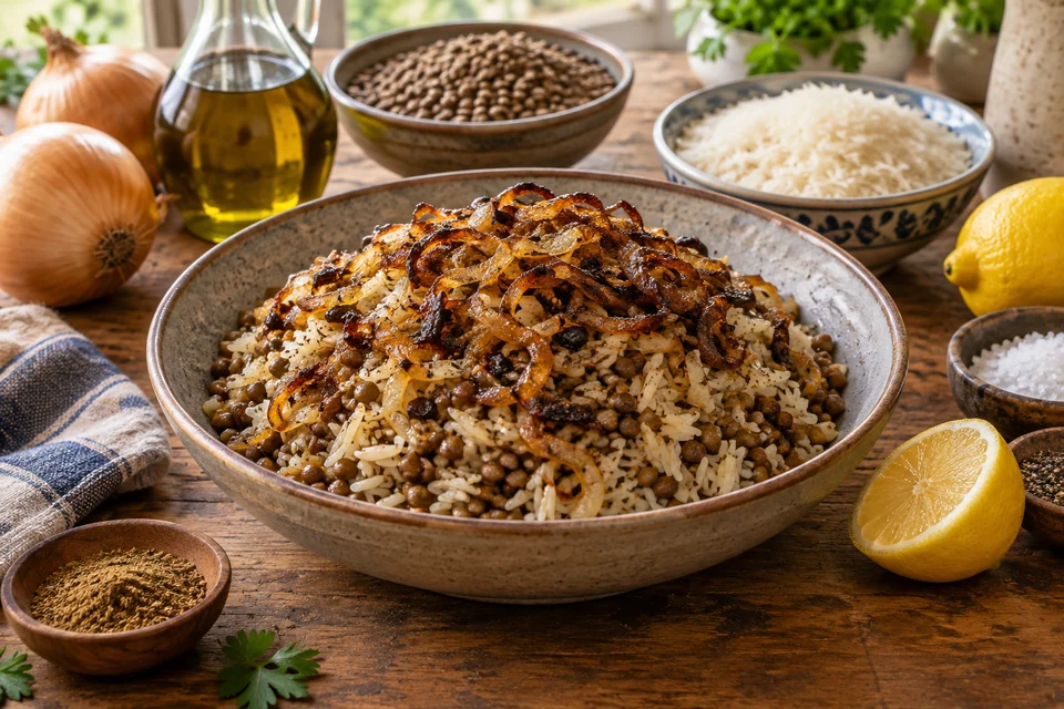 Lentils and rice topped with deeply browned sliced onions
