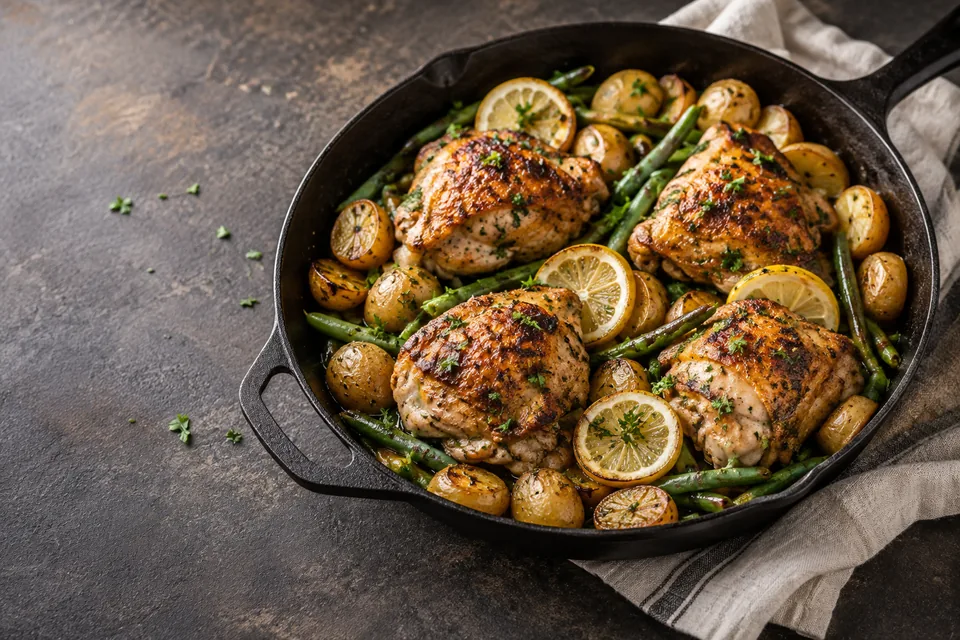 Crispy lemon-garlic chicken thighs with golden potatoes and green beans