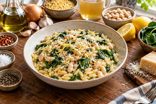 Finished Lemony White Bean Orzo ready to serve