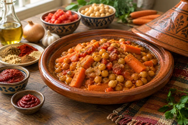 Chickpeas and carrot pieces simmered in a spiced tomato broth with cilantro.