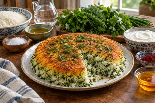 Herb-flecked basmati rice topped with a round golden crisp tahdig