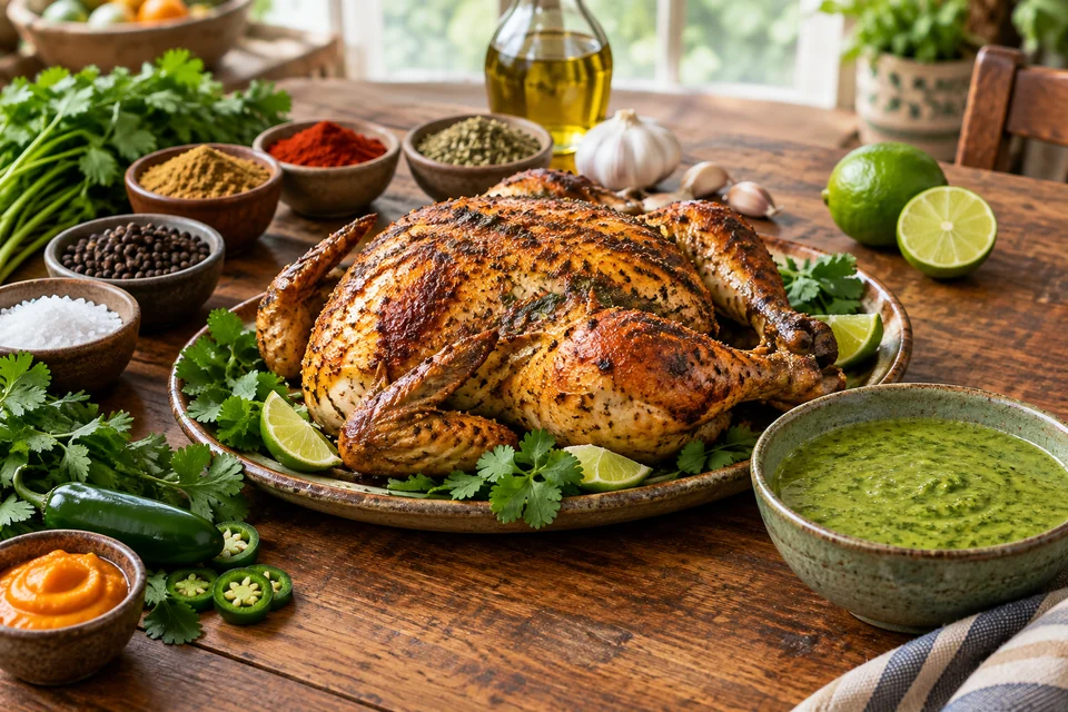 Carved crisp-skinned roast chicken with creamy cilantro-jalapeño green sauce and lime wedges