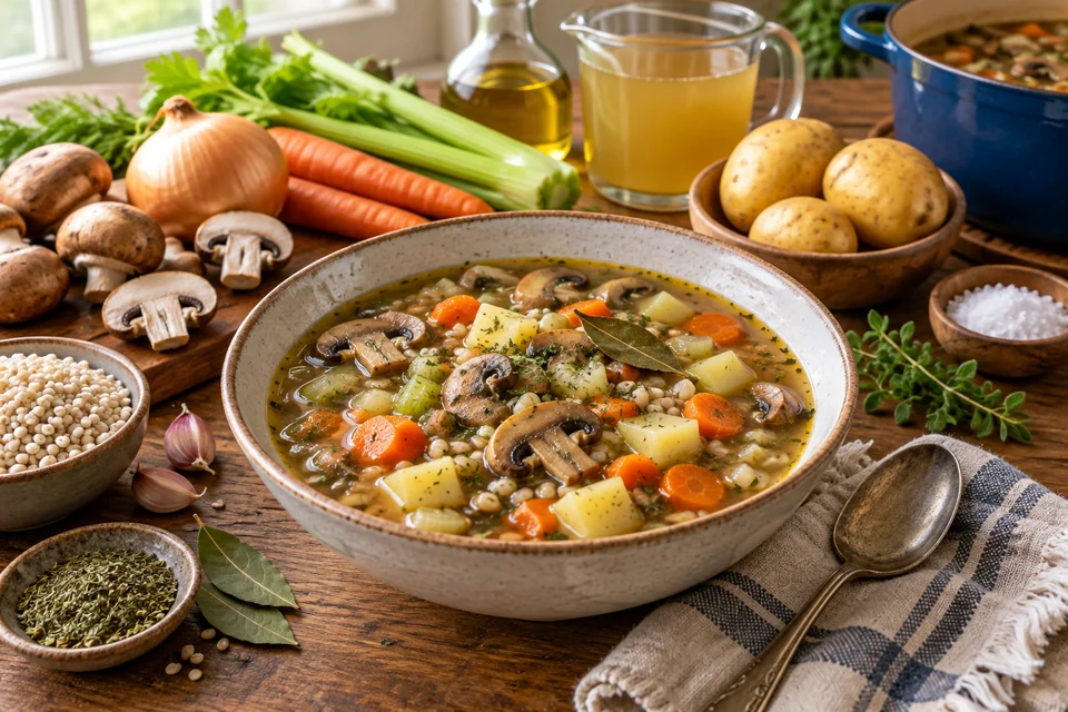 Mushroom barley soup with browned mushroom slices, barley, potato, carrot, and dill