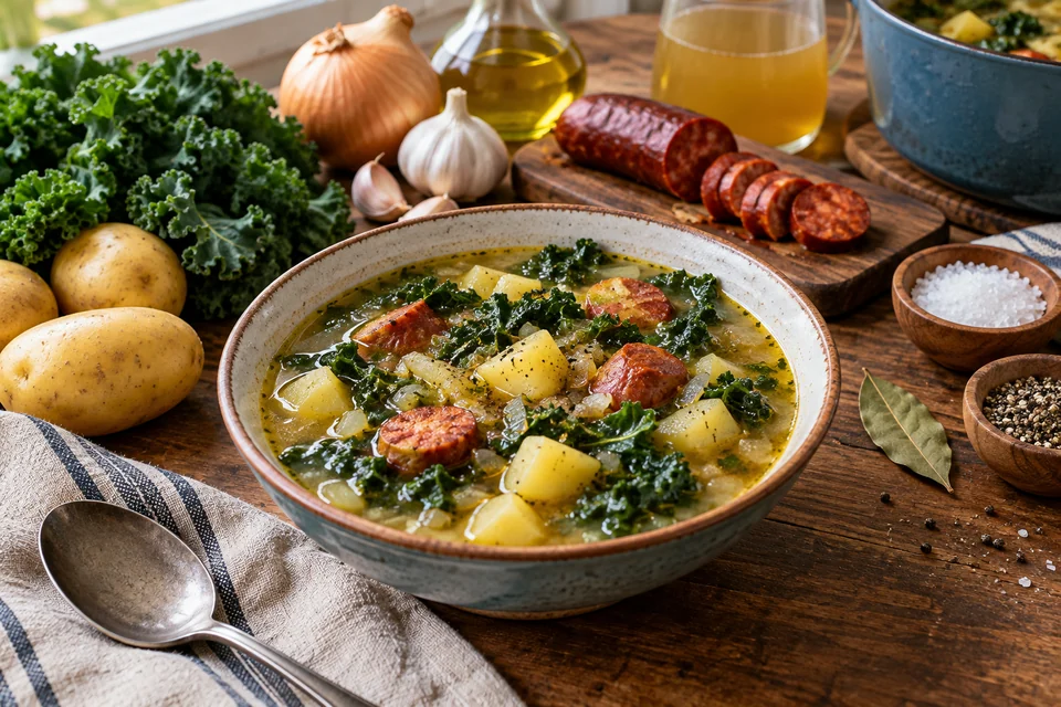 Portuguese kale and potato soup with ribbons of kale, potato pieces, and sliced chouriço in a thick broth