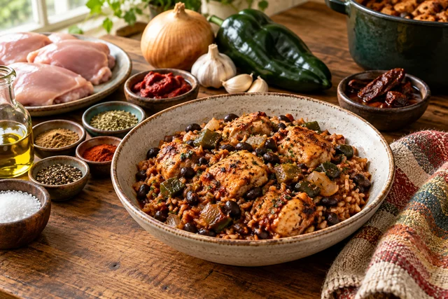 Smoky chicken pieces with black beans, rice, poblano, cilantro, and lime wedges.