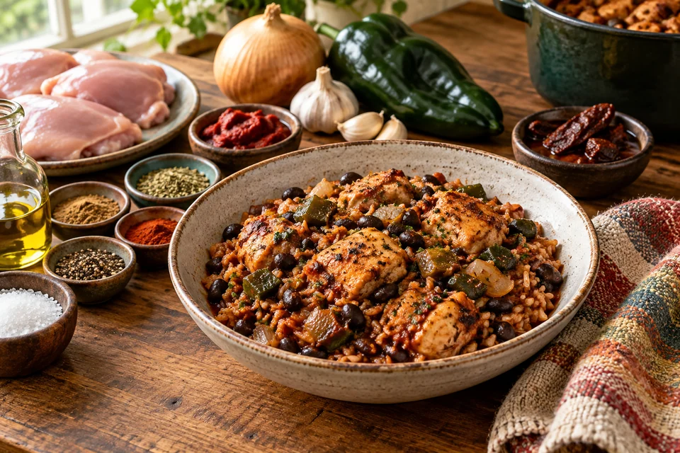 Smoky chicken pieces with black beans, rice, poblano, cilantro, and lime wedges.