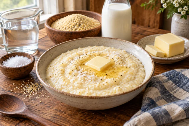 Creamy corn grits with melted butter on the surface
