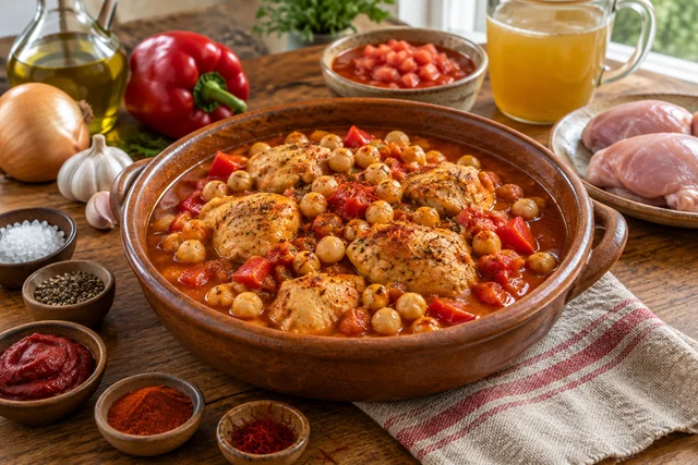 Finished Spanish Chicken and Chickpea Stew ready to serve