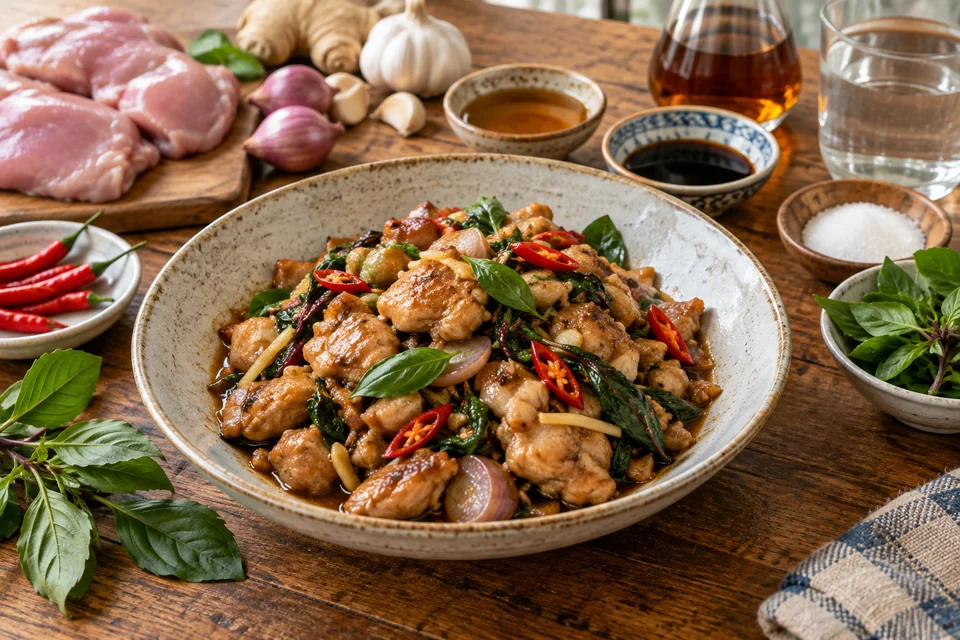 Glossy braised chicken pieces with Thai basil, ginger, garlic, and red chile rounds.