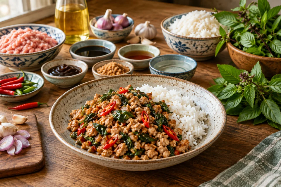 Stir-fried ground chicken with Thai basil, sliced chiles, and shallot served with jasmine rice
