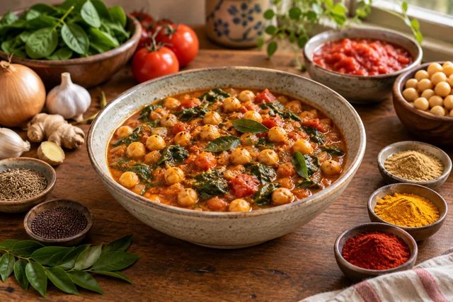 Chickpeas and wilted spinach in a thick tomato curry sauce