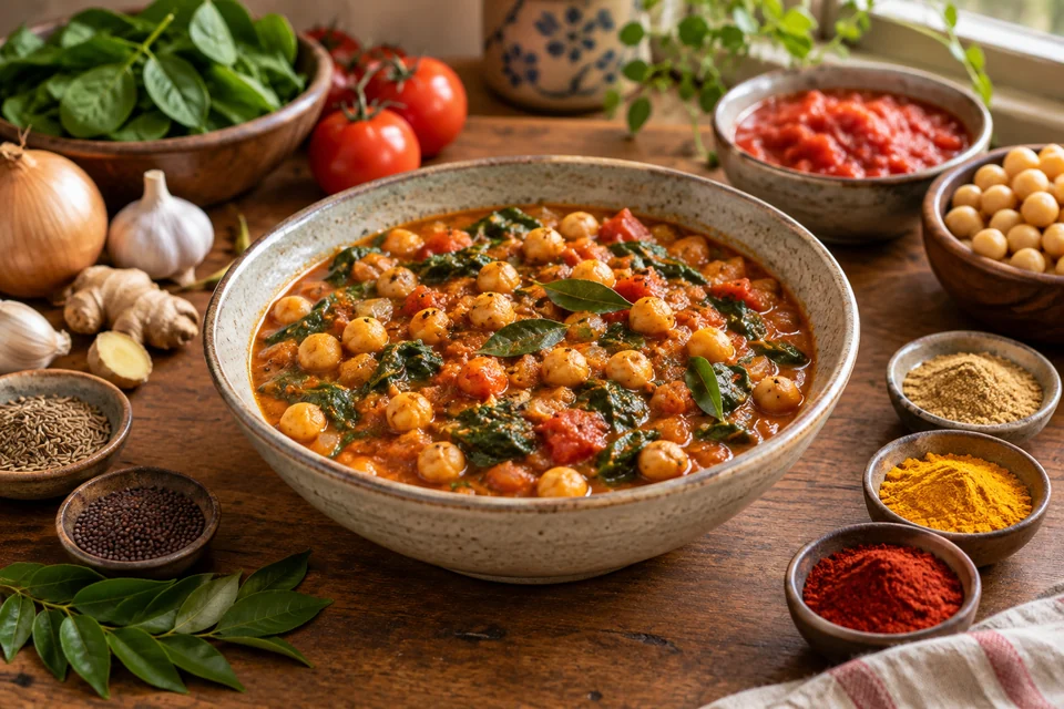 Chickpeas and wilted spinach in a thick tomato curry sauce