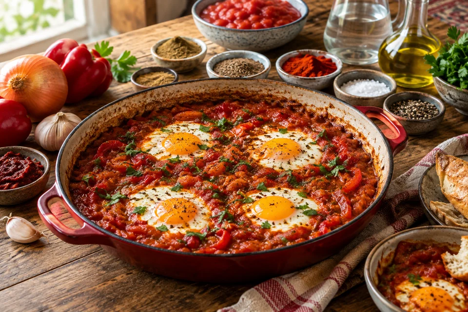Poached eggs in a thick spiced tomato and bell pepper sauce with chopped parsley