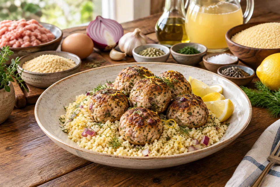 Finished Greek Turkey Meatballs with Lemon Couscous ready to serve