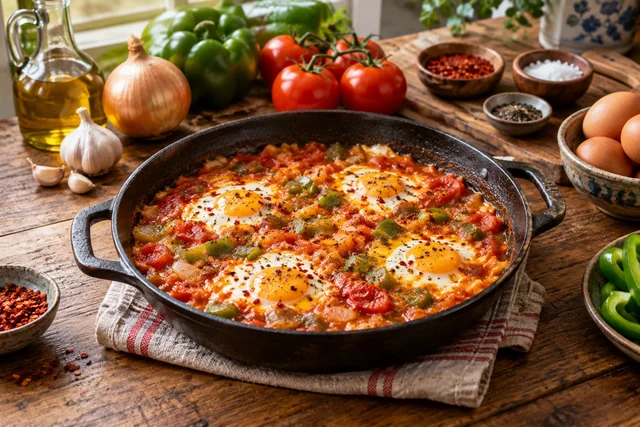 Soft scrambled eggs with tomatoes and green peppers in a skillet