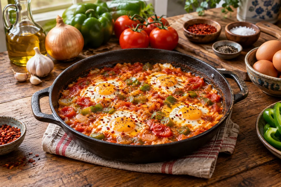 Soft scrambled eggs with tomatoes and green peppers in a skillet