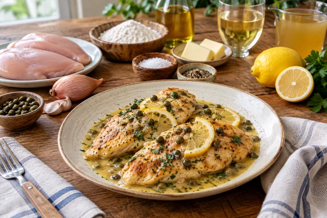 Golden chicken cutlets coated in lemon-caper pan sauce with chopped parsley